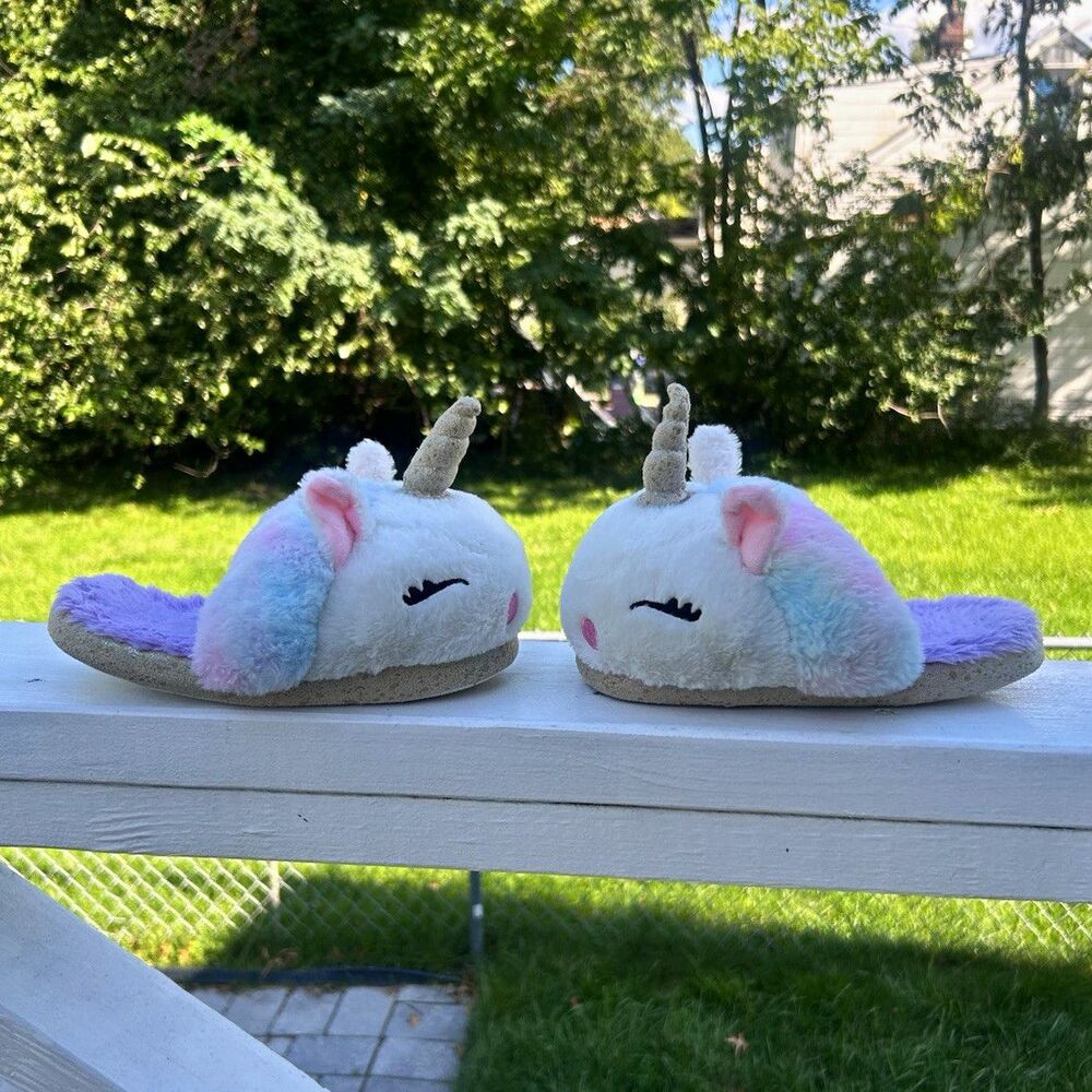 Girls Unicorn Slip-On Slippers White Purple Pink Blue Size 12-13